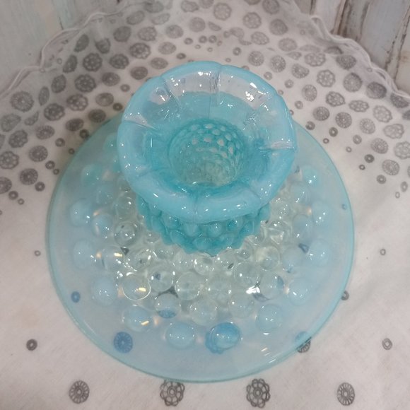 Vintage Fenton Blue Opalescent Hobnail Candlestick Holders - Picture 3 of 7